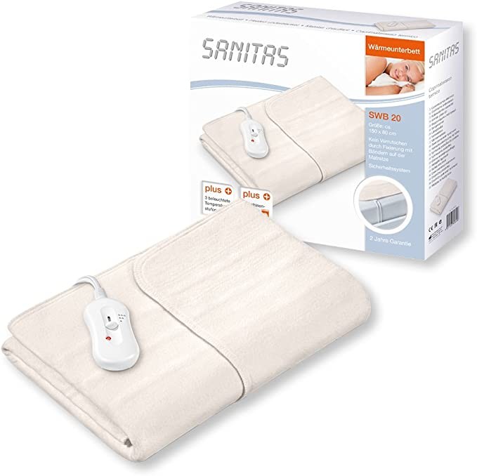 Sanitas SWB 20 wool electric blanket with safety system and 3 temperature classes, easy to fix on beds and mattresses, washable at 30 ℃, 150x80cm